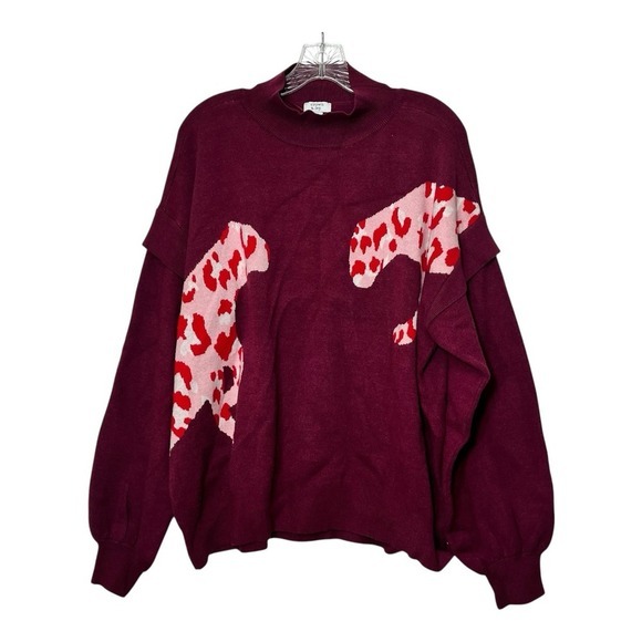Crown & Ivy Women's Size XL‎ Long Sleeve Mock Neck Jacquard Cat Burgundy Sweater - Picture 1 of 11